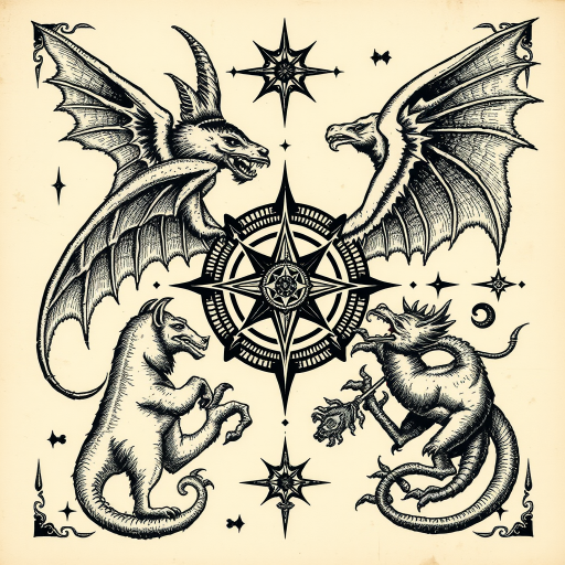 Vintage etching-inspired tattoo named "Timeworn Tales" with intricate linework and stippling to recreate the look of an antique illustration depicting mythological creatures and symbols