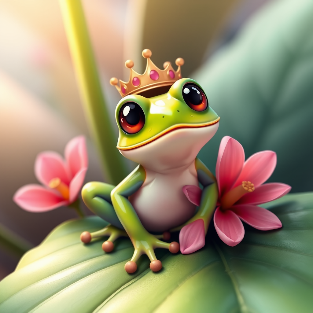 Create a high-quality illustration of a cartoon frog wearing a crown sitting on a large green leaf next to a pink flower, using a macro lens with a shallow depth of field, soft lighting, and vibrant colors to enhance details.