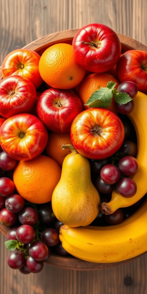 Create a hyper-realistic digital illustration of a wooden bowl filled with vibrant fruits like red apples, oranges, bananas, pears, and grapes, with soft natural lighting, 50mm lens, f/2.8 aperture, ISO 100, overhead view, using a DSLR camera for enhanced image quality.