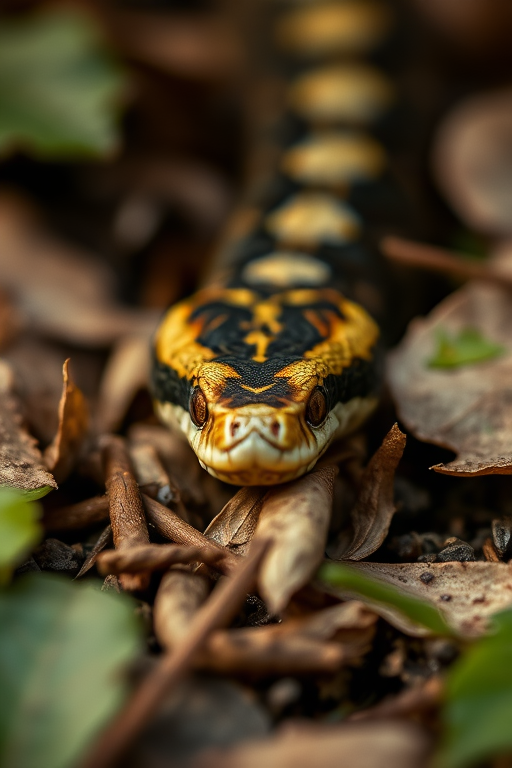 Close-up of a camouflaged snake resting on the ground among leaves, with a shallow depth of field, captured using a DSLR camera at f/2.8 aperture, 50mm lens, ISO 200, natural lighting, and a macro lens perspective to enhance details and texture.
