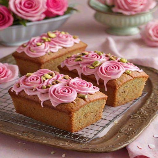 Create an image of beautifully decorated mini loaf cakes with pink frosting. The cakes should have intricate swirls of frosting on top and be garnished with rose petals and pistachios. Display them on a cooling rack with a soft, blurred floral background to enhance the aesthetic appeal.