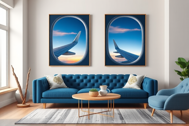Create an image of a modern living room featuring a blue tufted sofa and a round coffee table, with two large artworks of airplane windows showing a sunset sky on the wall, photographed with a DSLR camera at f/2.8, ISO 100, 35mm lens, natural lighting, and a wide-angle view for enhanced depth and clarity.
