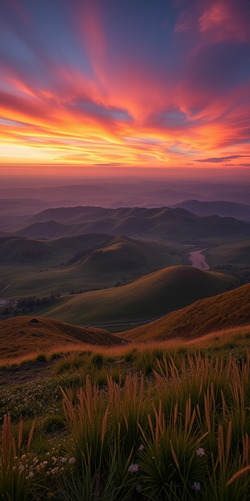 Create an image of a serene landscape with rolling hills and a vibrant sunset, shot with a Canon EOS R5 at f/8, ISO 200, 1/200s, using a wide-angle lens at 24mm, in a vibrant color style from a low angle perspective.