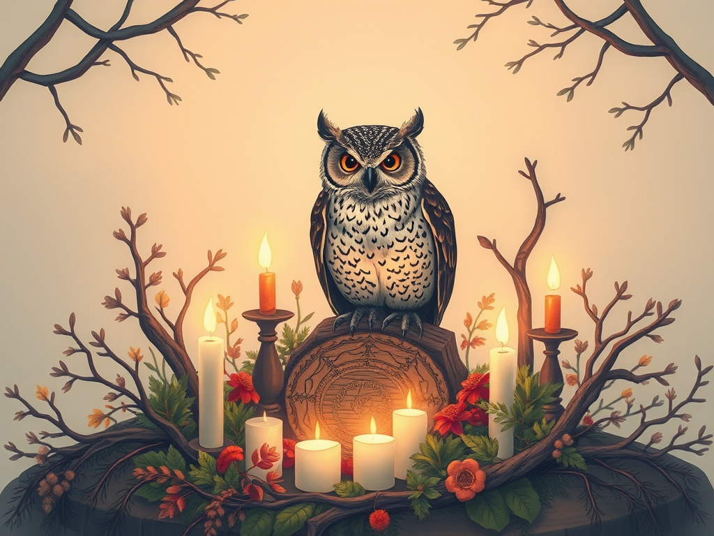 Illustrate a mystical owl perched on an intricate forest altar surrounded by glowing candles and seasonal foliage, with a soft pastel background, using a Canon EOS R5 at f/2.8, ISO 100, 50mm lens, with a shallow depth of field for a dreamy effect.