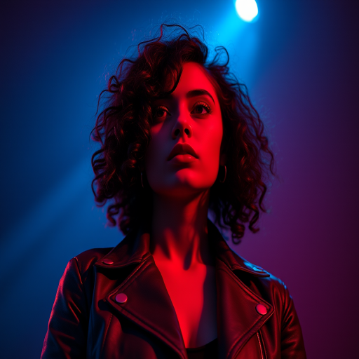 Portrait of a woman with curly hair and a leather jacket, illuminated with dramatic red and blue lighting, shot with a Canon EOS R5, 85mm f/1.2 lens, ISO 100, shutter speed 1/200s, low angle view, cinematic style, high dynamic range.