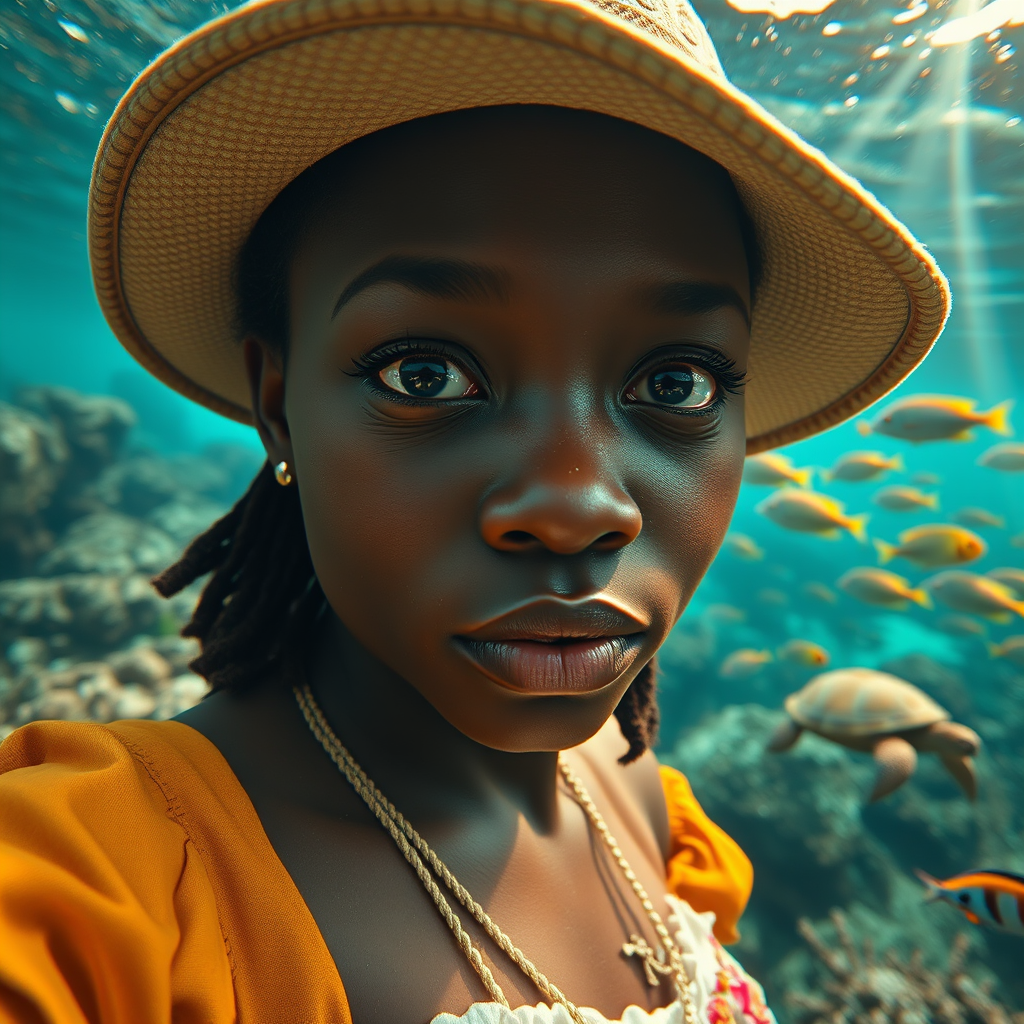 Realistic selfie image of a Creole, wearing a vintage outfit, detailed dreamy eyes, droopy hooded eyes, staring at the camera, taken underwater at coral reef with a sunbeam filtering through the water, vibrant, summer vacation, natural lighting, turtle and school of tropical fish with vibrant colors, rendered in the style of CryEngine, Pegi Nicol MacLeod, with realistic genre scenes, hauntingly beautiful narratives, ultra-realism, and Thomas Saliot's close-up technique, 8K resolution, crystal clear and sparkling water.
