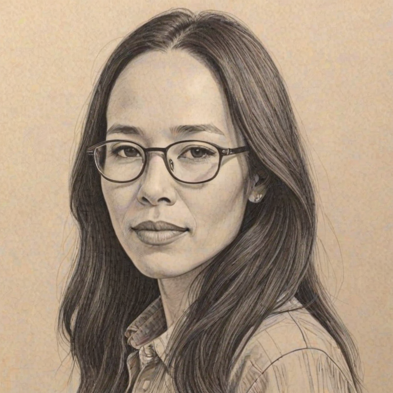 Wonderful Irene Bedard, pencil sketch, portrait of Splendid woman 1972s in glasses, hair style beatnik, outline, clear lines, fine lines, 8k