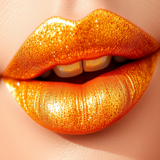 Shimmering gold lip gloss named "Solar Flare" with micro-fine glitter particles, creating a dazzling, multi-dimensional effect on the lips