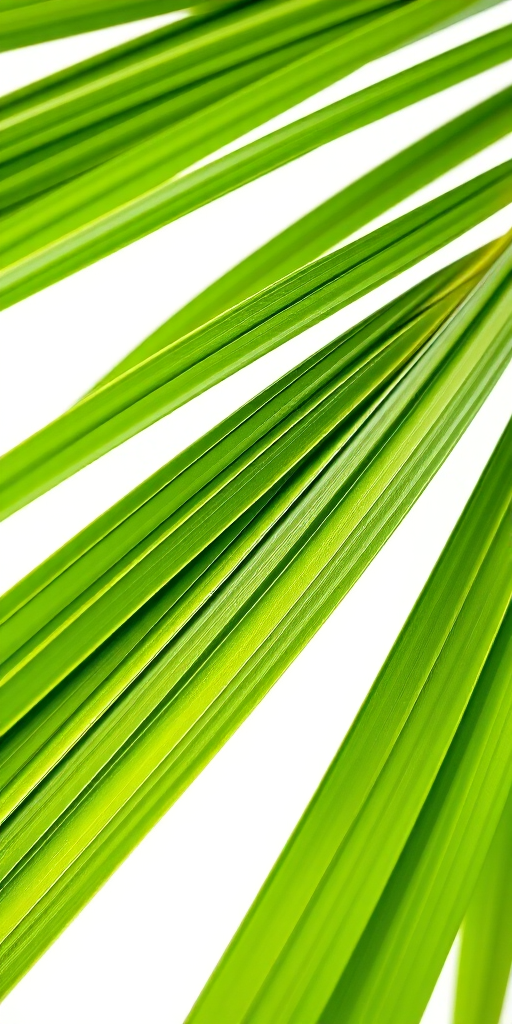 A vibrant green palm leaf on a white background, captured with a macro lens, f-stop 2.8, ISO 100, 50mm focal length, natural light, high-resolution photography.