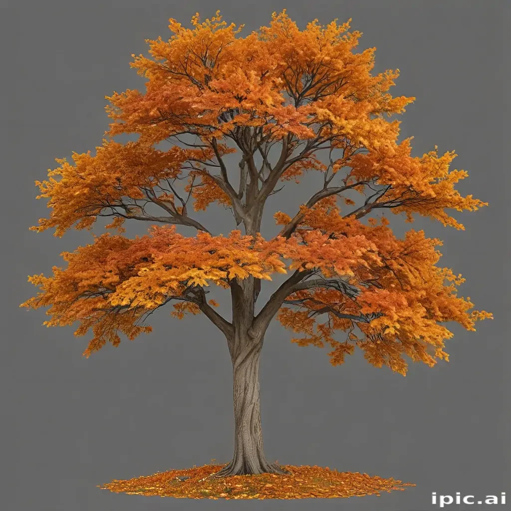 A Majestic Autumn Tree with Vibrant Orange Leaves Against a Gray Background