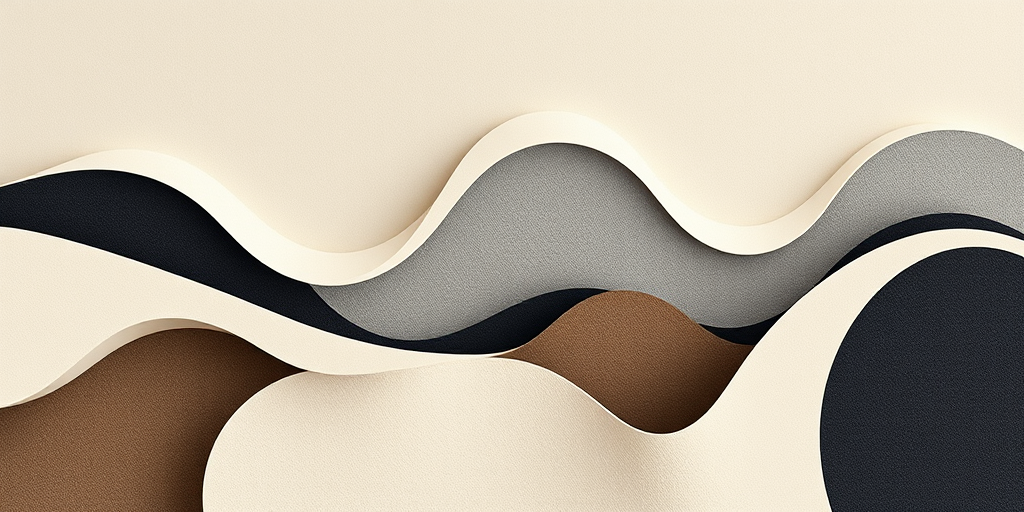 create an abstract art image featuring wavy shapes in muted tones of beige, gray, and black, shot with a Canon EOS R5 at 50mm f/1.8, ISO 100, f/8, natural light, with a shallow depth of field and high dynamic range for enhanced texture and detail.