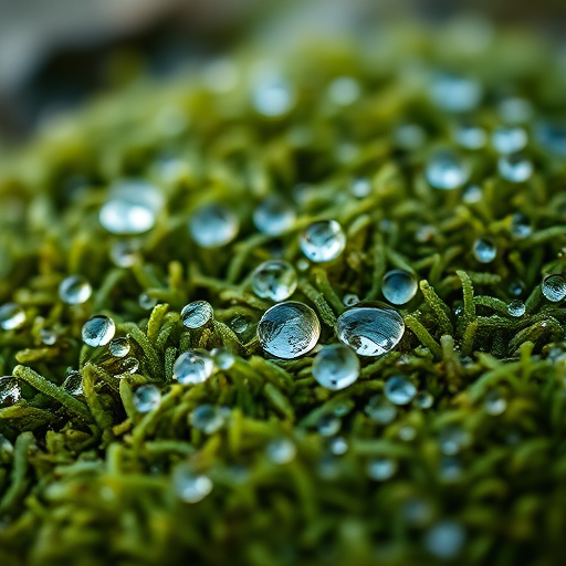 macro shot of dew-covered moss with water droplets, aperture f/2.8, shutter speed 1/100, ISO 200, taken with a Canon EOS 5D Mark IV, natural light, focus on foreground details