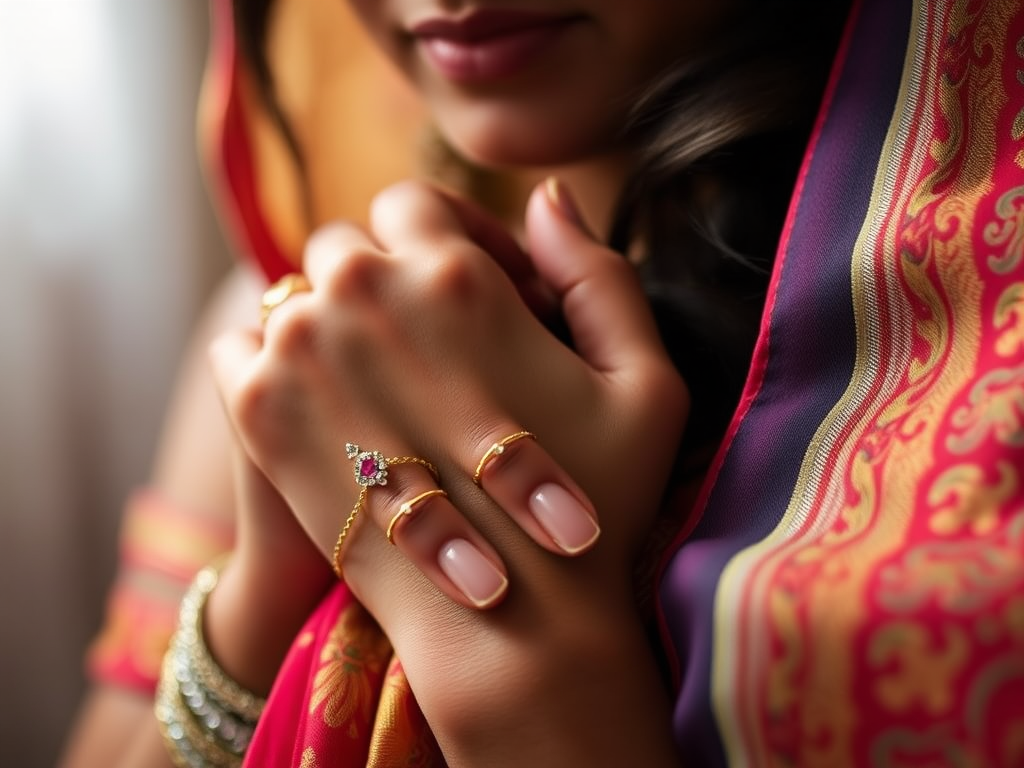 Capture an intimate close-up of hands adorned with jewelry, softly draped in colorful fabric, in a warm, ambient light with a shallow depth of field, using a DSLR camera with a 50mm lens at f/1.8, ISO 200, and a shutter speed of 1/100s for enhanced focus and clarity.