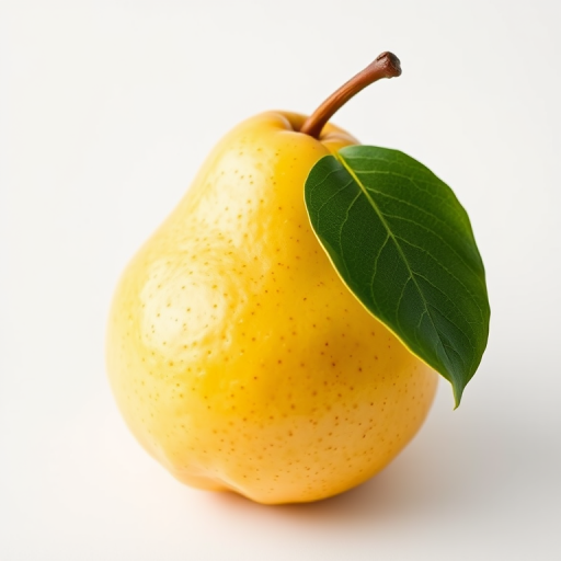 Create a hyper-realistic image of a ripe yellow pear with a green leaf, using a DSLR camera with a 50mm lens, f/1.8 aperture, ISO 100, 1/200s exposure, in natural light, capturing a close-up view on a plain white background.