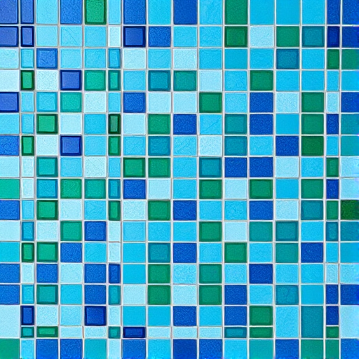 Create a vibrant, tiled mosaic pattern featuring various shades of blue and green with a seamless, uniform layout, captured with a Canon EOS 5D Mark IV using a 50mm f/1.8 lens at f/8, ISO 100, in a top-down view with a soft focus for added depth.