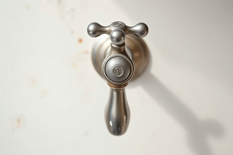 Create a high-resolution image of a vintage tap with elegant curves in a minimalistic style, captured with a DSLR camera at f/2.8 aperture, ISO 100, shutter speed 1/60, top-down view, using natural lighting for enhanced quality.