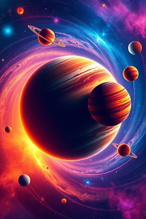 Create a vibrant digital illustration of a colorful solar system with planets of varied sizes and colors, swirling galaxy background, use a Canon EOS R5, aperture f/4, ISO 100, focal length 50mm, top-down view, and vibrant color-grading style for enhanced image quality.