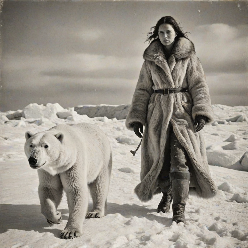 A very old photograph in black and white. The photo is badly damaged, faded, with scratches, tears, smudges and dirt. The photo is ultra-realistic and very detailed. It's a picture of an Arctic warrior. She is walking serenely towards the camera. At her side walks a majestic polar bear. Its fur shines in the sunlight. Snow, ice, sea. wind. snow in the air.