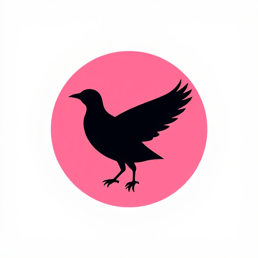 Create a high-resolution logo of a bird silhouette in a circular pink background, using a DSLR camera type, 50mm lens, aperture f/1.8, ISO 100, natural light, front view, focused and vibrant colors.
