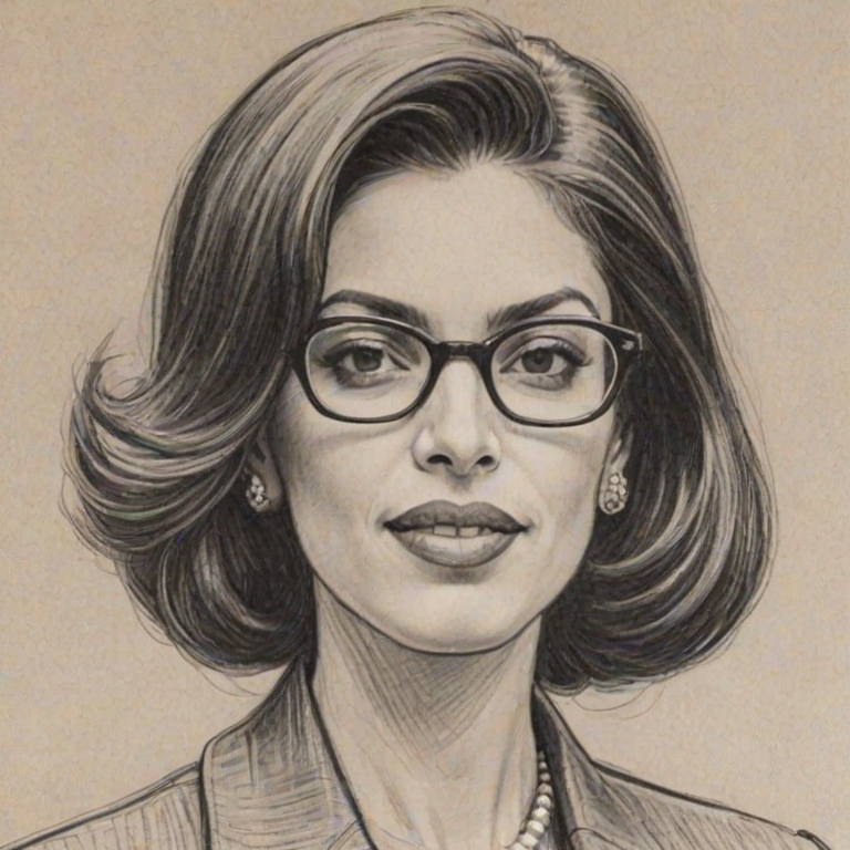 Enticing Huma Abedin, pencil sketch, portrait of Dazzling woman 1963s in glasses, hair style beatnik, outline, clear lines, fine lines, 8k
