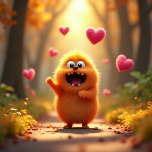 A fluffy orange creature with large eyes and a wide open mouth stands on a path in a whimsical forest, bright pink and red hearts float through the air, the creature has a surprised expression, the light is warm and soft, photorealistic, digital art, 3D style