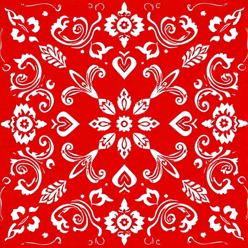 Create a high-resolution image of a red paisley bandana with intricate white floral designs, using a DSLR camera at f/2.8, ISO 100, with a 50mm lens, shot from a top-down view to emphasize the detailing and texture.