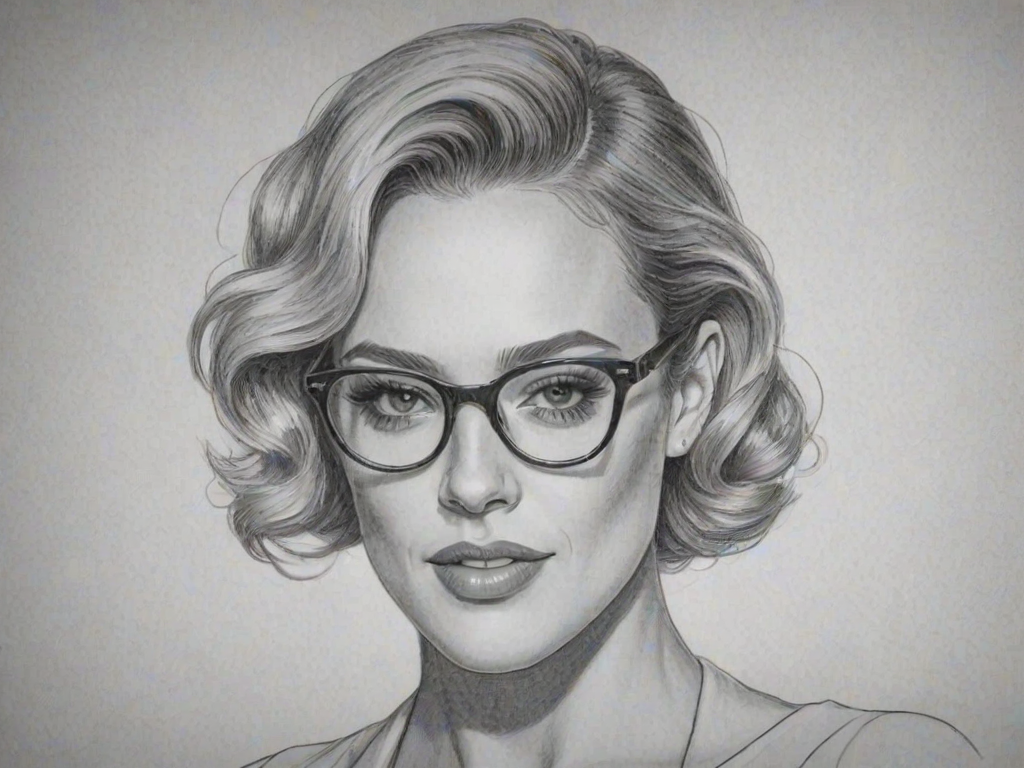 Resplendent Peta Murgatroyd, pencil sketch, portrait of Attractive woman 1942s in glasses, hair style beatnik, outline, clear lines, fine lines, 8k