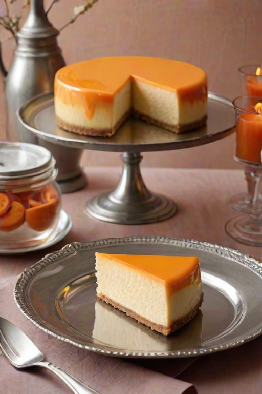 Create an elegant dessert display featuring a cheesecake with a glossy orange glaze, set on a silver platter. The backdrop should include soft, muted colors and vintage tableware. Incorporate a candle for a warm ambiance and subtle smoke effects for a dreamy atmosphere.