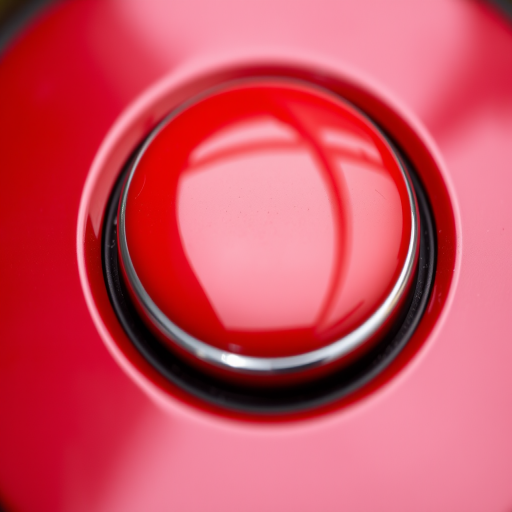high-quality close-up of a glossy red circular button with a metallic border, 50mm lens, f/2.8 aperture, ISO 100, natural lighting, shot at eye level with a DSLR camera