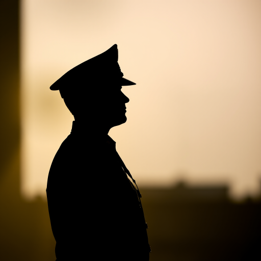 Create a high-resolution silhouette image of a standing military officer in profile view, using a DSLR camera with a 50mm lens, f/1.8 aperture, ISO 100, and a shallow depth of field to enhance detail and clarity.