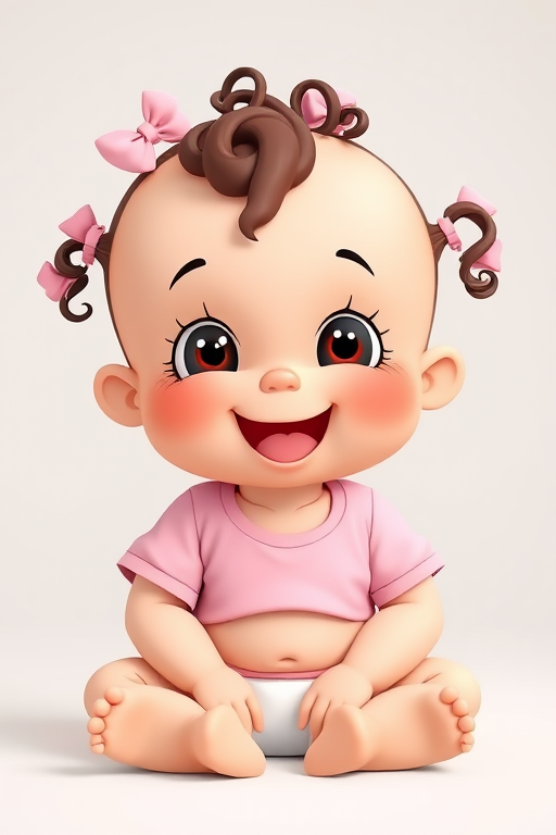 Create a cute cartoon baby sitting down with a large smile, wearing a pink shirt and white diaper, with spiral hair and pink bows, using a high-resolution digital camera, 50mm lens, f/2.8 aperture, soft lighting, and a frontal view.
