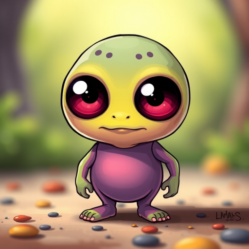 Create a detailed cartoon-style illustration of a friendly two-eyed alien with a rounded body, incorporating bright colors, with a soft focus lens effect, shot from a low angle view using a DSLR camera at f/2.8 for a shallow depth of field and 50mm focal length for high clarity.