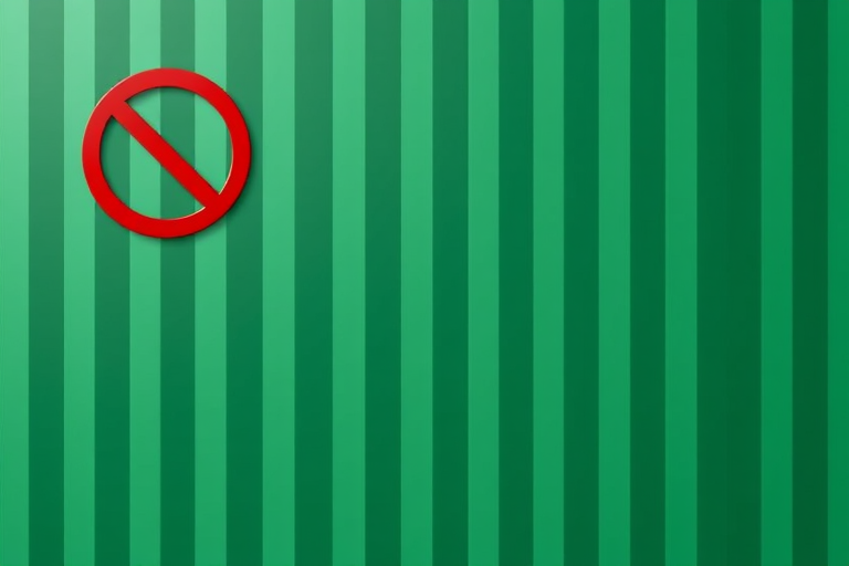 create a minimalistic digital graphic of a green striped background with a red prohibition sign in the top left corner, using a 50mm lens at f/8, ISO 100, with soft natural lighting and a high-resolution digital camera.