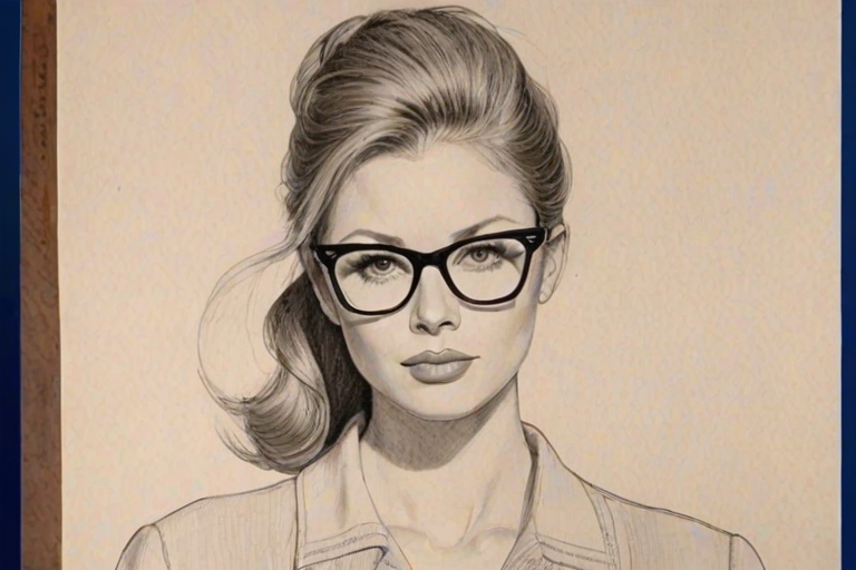 Gorgeous Rachel Nichols, pencil sketch, portrait of Resplendent woman 1963s in glasses, hair style beatnik, outline, clear lines, fine lines, 8k