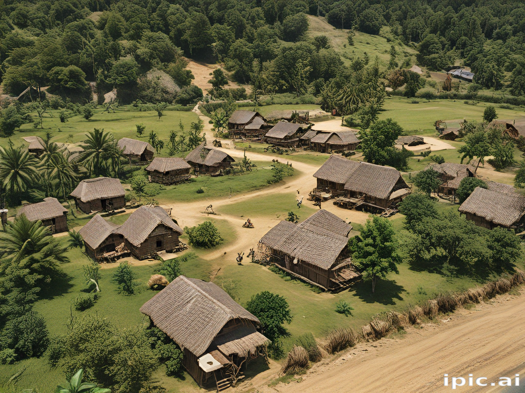 Aerial View of a Peaceful Village Surrounded by Lush Greenery and Nature