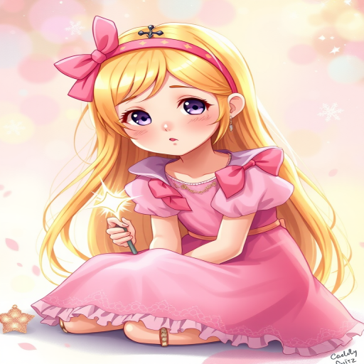 Create an enchanting illustration of a young girl with long blonde hair, wearing a vibrant pink dress and a matching headband, sitting down and holding a sparkling magic wand, with a whimsical background featuring soft pastel colors, high-resolution digital art, shot with a DSLR camera at f/2.8 aperture, 50mm lens, in portrait orientation for depth and clarity.
