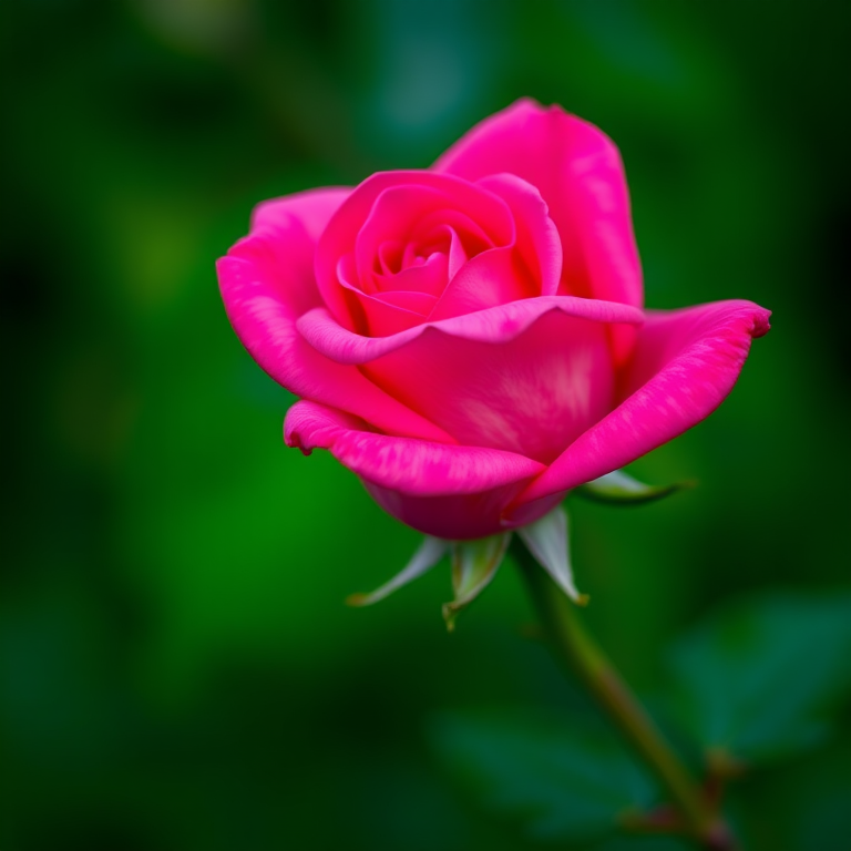 macro shot of a vibrant pink rose on a blurred green background, f/2.8 aperture, 50mm lens, ISO 100, shallow depth of field, natural light, DSLR camera