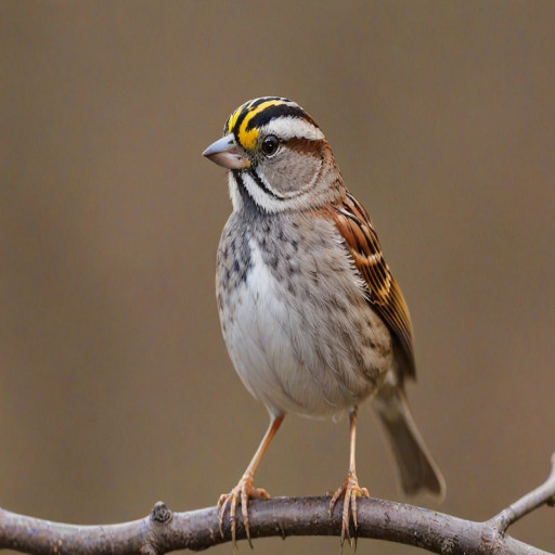 A close-up of a white-throated sparrow perched on a branch with a blurred natural background, showcasing its distinctive yellow and black head markings and brown speckled feathers.