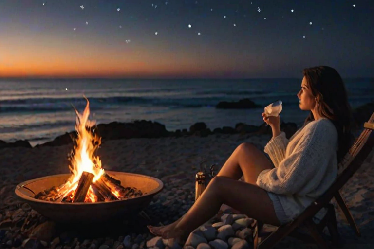 Woman sitting by a fire pit, the flames crackling as she toasts marshmallows, the night sky full of stars, and the sound of the ocean waves crashing nearby.