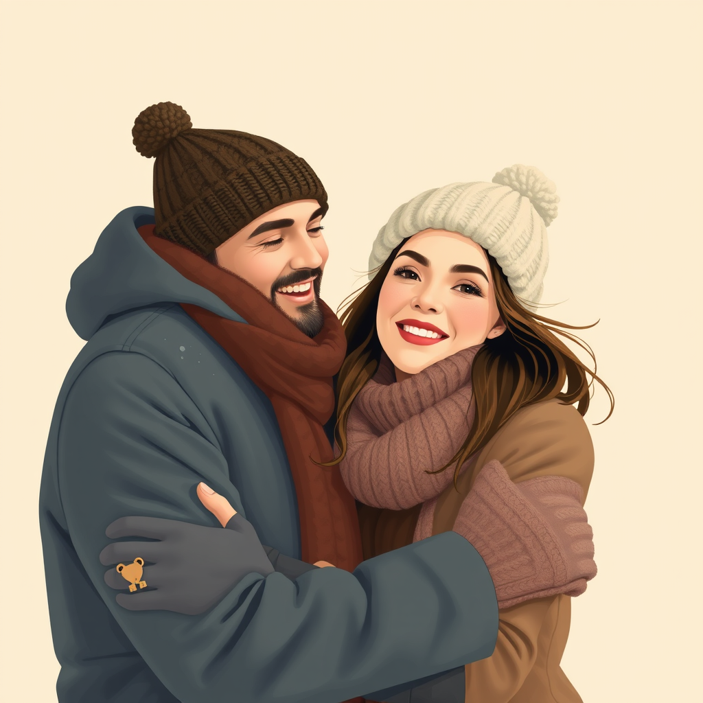 Create a high-quality illustration of a couple embracing in winter attire, with a soft beige background, using a Canon EOS R5 camera at f/2.8 ISO 100 with a 50mm lens, in bright, even lighting, focusing on capturing details of their clothing and expressions.