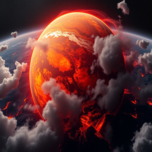Generate a highly detailed image of a fiery planet with volcanic landscapes and swirling clouds, captured with a Canon EOS 5D Mark IV, 35mm lens, f/2.8 aperture, ISO 100, 1/200 sec, in a dramatic close-up view with vibrant colors and high contrast for enhanced texture and depth.
