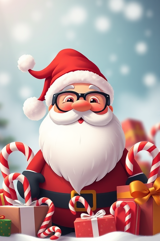 Generate a high-resolution digital illustration of a cartoon Santa Claus with a red hat, glasses, and a playful expression, surrounded by candy canes and wrapped gifts, using a Canon EOS 5D Mark IV, 50mm lens, aperture f/1.8, ISO 100, and a soft focus background to enhance image quality.