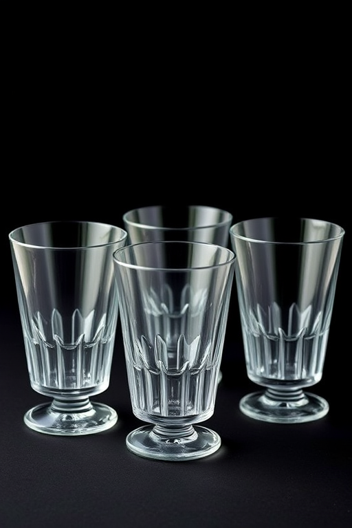 High-quality still life photograph of six crystal glasses arranged in a circle, shot with a Canon EOS R5, 50mm f/1.8 lens, aperture f/2.8, ISO 100, shutter speed 1/60s, natural light, black background.