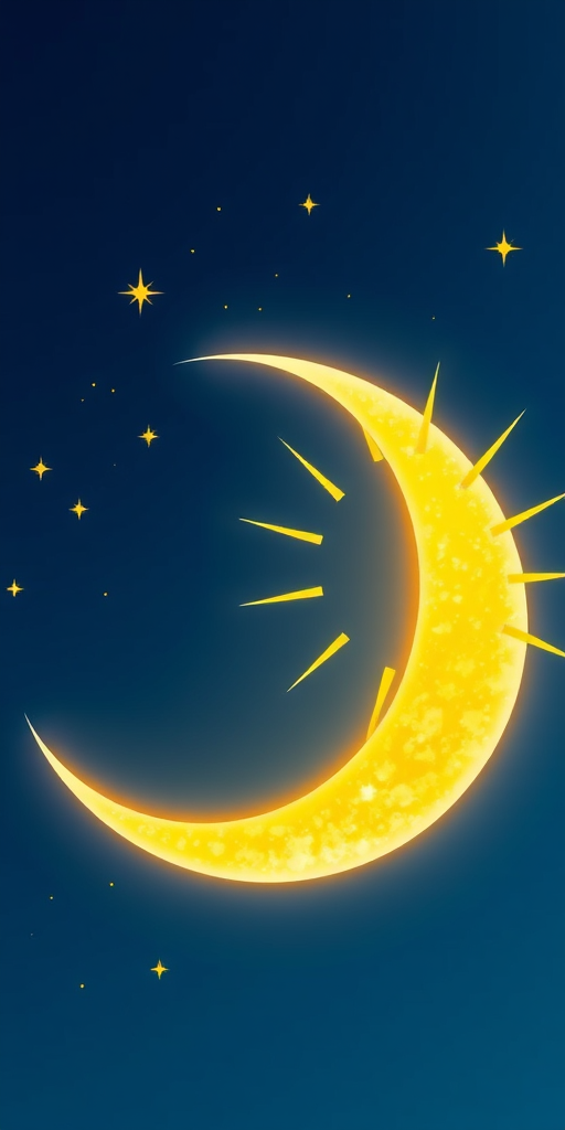 Create a vibrant illustration of a crescent moon, a radiant sun, and sparkling stars in warm yellow tones, with a soft focus effect, taken with a DSLR camera at f/2.8 aperture, ISO 100, 50mm lens, overhead view, and sunny daytime lighting.