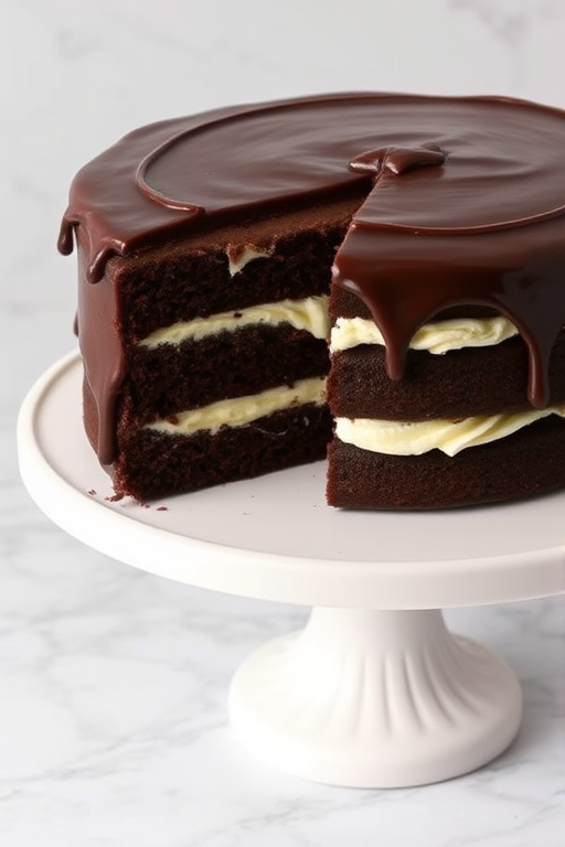 A rich chocolate cake with a glossy chocolate frosting, showcasing multiple layers of moist chocolate sponge and creamy white filling, elegantly presented on a white cake stand with a marble background.