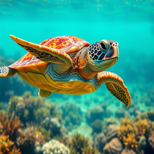 Create a high-resolution illustration of a turtle swimming underwater with vibrant colors, using a Canon EOS R5 camera, f/8 aperture, 1/250 sec shutter speed, and a 24-70mm lens, captured from a side view with natural lighting to enhance image clarity and detail.