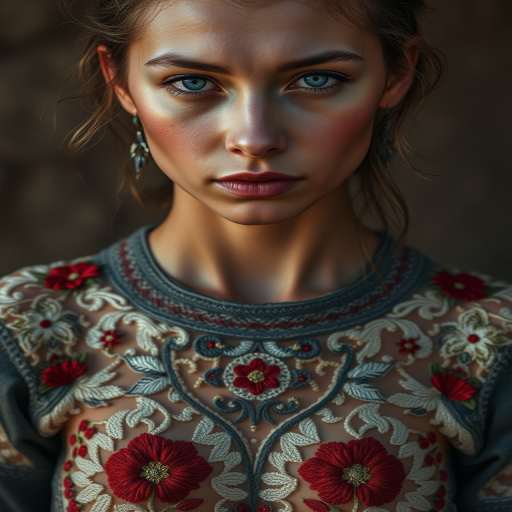 Face, shoulders, chest covered in openwork Romani embroidery. Raw, unedited image.