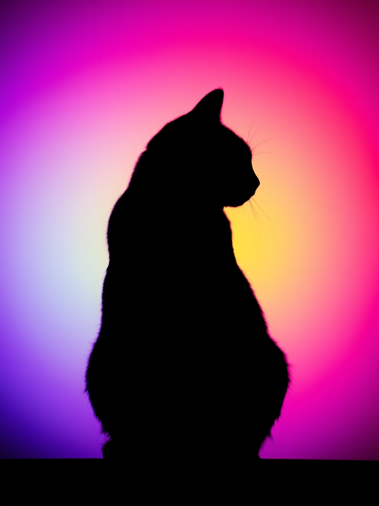 Create a high-resolution image of a stylized cat silhouette against a vibrant gradient background, using a DSLR camera with a 50mm lens at f/1.8, ISO 100, and a shallow depth of field to emphasize the silhouette while softly blurring the background.