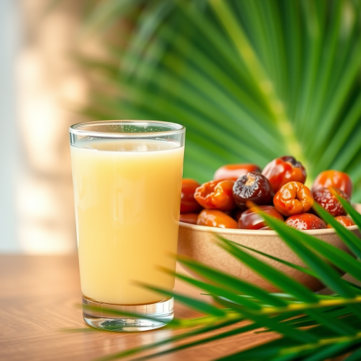 a glass of fresh date juice next to a bowl of dates on a wooden table, surrounded by green palm leaves, soft natural lighting, macro lens, aperture f/2.8, shutter speed 1/60s, ISO 100, DSLR camera, slight vignette effect for depth