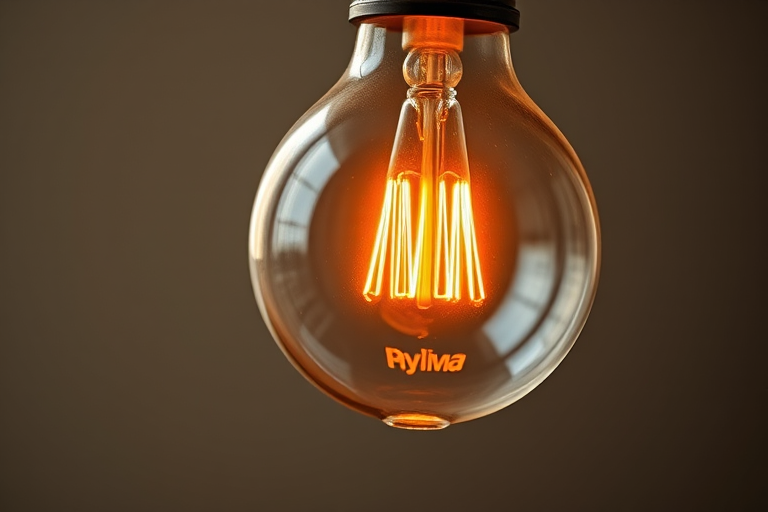 Create an image of a glowing light bulb with a warm orange filament, using a 50mm lens, aperture f/2.8, shutter speed 1/125s, ISO 100, soft natural lighting, and a shallow depth of field.